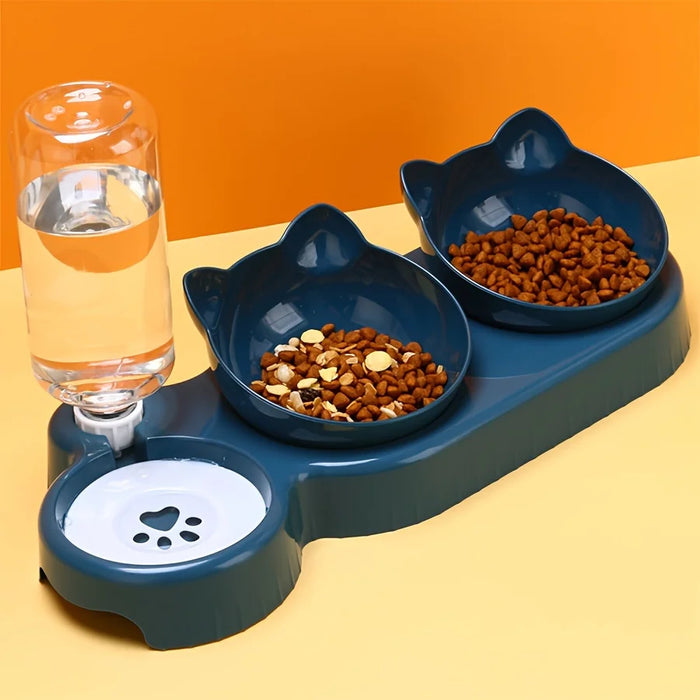 Pet Bowl Set | 3-in-1 Ear Design Tilted Cat Food & Water Bowl with Gravity Bottle